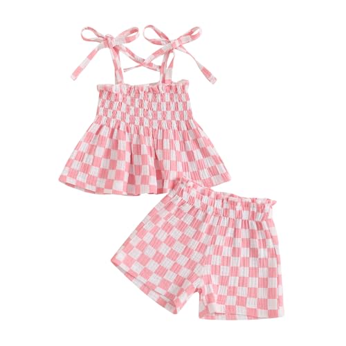Lamuusaa Toddler Baby Girl Summer Clothes Sleeveless Strap Tank Top Cami Checkerboard Cotton Linen Shorts Set 6M-3T (Pink, 2-3T)
