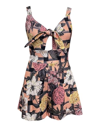 Relipop Women's Jumpsuits Floral Print Spaghetti Straps Sleeveless V Neck Front Tie Knot Rompers 2026 Beach Vacation Outfits Pink X-Large