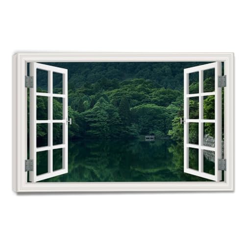 Tableau Toile Fenêtre Trompe-l'Œil Paysage Montagne Lac Déco Cadre Photo Mural 40x60