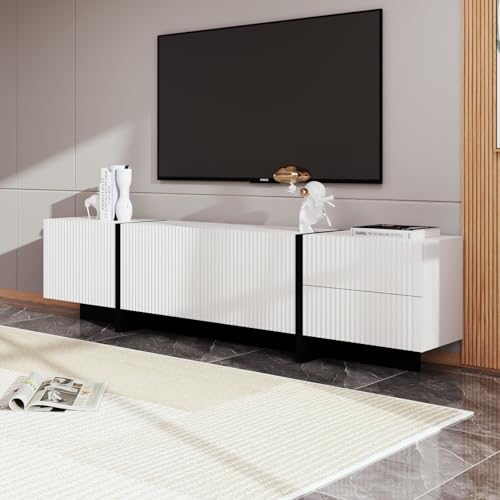 OLIVIBED 190 cm TV-Schrank, TV Lowboard mit 3 Türen und 2 Schubladen, Hochglanz Lowboard, Fernsehertisch für Fernseher bis 85 Zoll, Fernsehkommode für Wohnzimmer, 190x35x45cm, Weiß und Schwarz OLIVIBED 190 cm TV-Schrank, TV Lowboard mit 3 Türen und 2 Schubladen, Hochglanz Lowboard, Fernsehertisch für Fernseher bis 85 Zoll, Fernsehkommode für Wohnzimmer, 190x35x45cm, Weiß und Schwarz