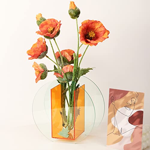 Orange Vase Acrylic Vase Geometric Acrylic Floral Vase Arch Vase Unique Plant Floral Container Plastic Decorative Vase For Bedroom, Living Room Table Wedding Table Centerpiece (Round-Orange) #TOP4