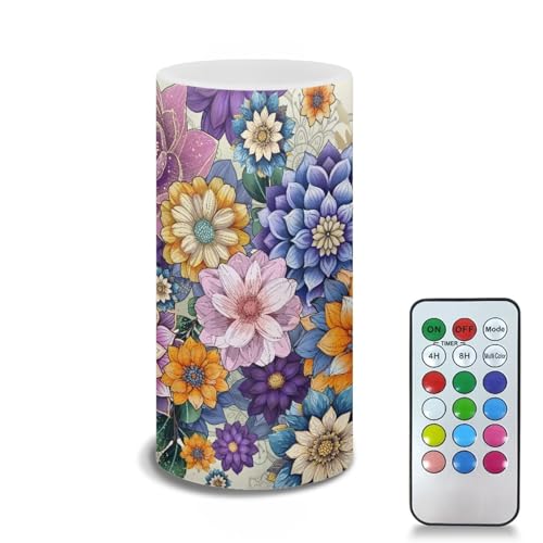 Image of Flameless LED Candle Flickering Wick Electric Candles with Remote Timer Color Changing 5.9 Inches Pillar Candle for Home Table Centerpiece Decoration, Boho Flower Purple Yellow
