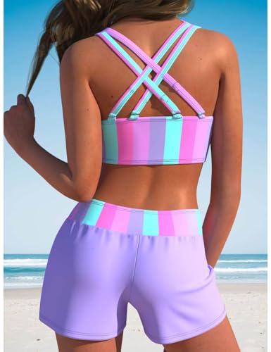 Image of KORADI Girls Swimsuits Two Piece Bathing Suit Bikini Sets Teen Cute Drawstring Tops Bikinis Boyshort Bottom 13-16 Years