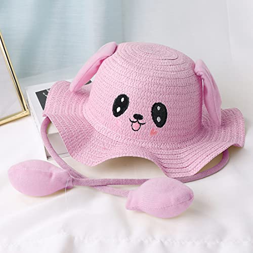 Kids Rabbit Ear Moving Jumping Straw Sun Hat Cute Bunny Fisherman Hat Summer Beach Cap for Girls Boys 4-8Y4