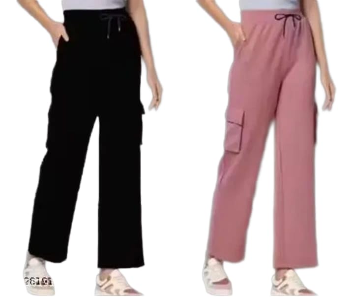 shopyidol Women & Girls Cargo Pants Relaxed Straight Fit Trousers with 4 Utility Pockets, Elastic Waist, Twill Fabric Comfortable Bottom Wear for Casual Wear, Travel & College-picture-45