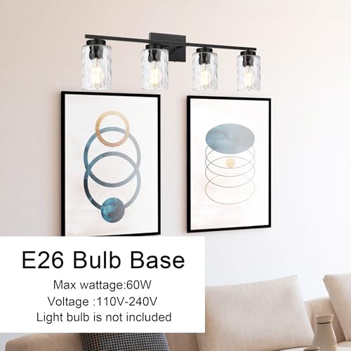 Image of 4 Light Bathroom Vanity Light Fixture Over Mirror, Black Bathroom Wall Sconce Lighting Fixtures Indoor with Clear Hammered Glass Wall Mount Lighting for Porch Kitchen Bedroom Bedside,Hallway