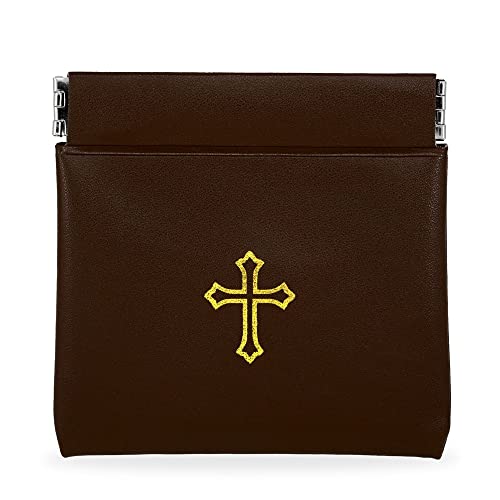 Squeeze-Top Faux Leather Rosary Pouch - Compact Brown Vinyl Case for Rosary Beads with Cross Imprint - Keeps Prayer Beads Protected for Travel - Fits Easily in Pocket, Car, Retreats & Church Use
