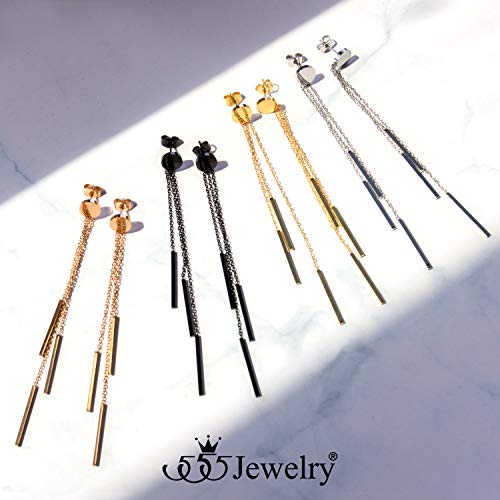 555Jewelry Womens Stainless Steel Chic Cute Stylish Triple Bar Tassel Long Chain Drop Dangle Dangling Earring Pair Classic Fashion Accessory Jewelry Post Nut Earrings, Black #TOP4