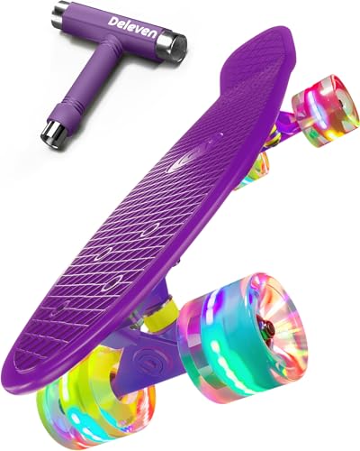 Deleven Skateboard mit LED Rollen, Skate Tool und ABEC 7 Lager - Kinder Erwachsene Anfänger - 56 cm