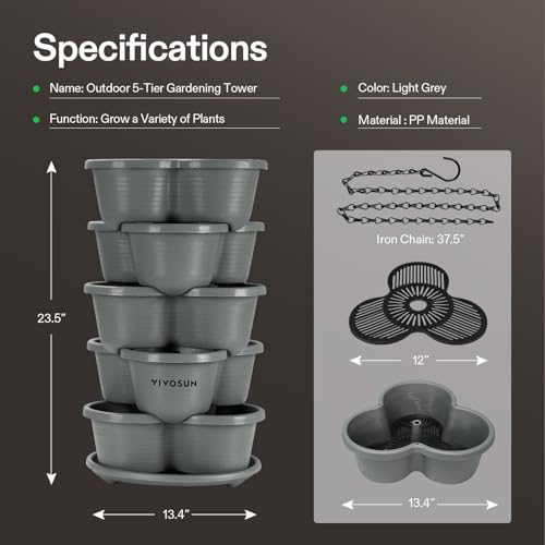 VIVOSUN 5 Tier Vertical Gardening Stackable Planter for Strawberries, Flowers, Herbs, Vegetables, Grey