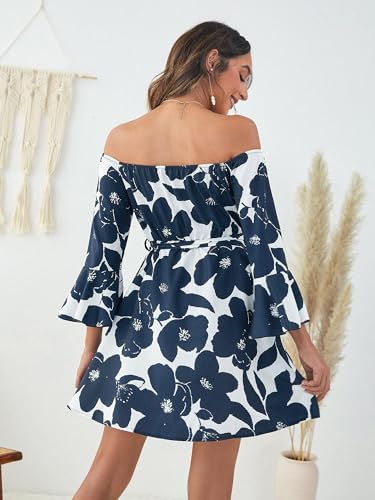 Image of Off Shoulder Ruffle Dress for Women, A-Line Mini Dress with Belt, Fitted Bust Summer Wedding Guest Dress