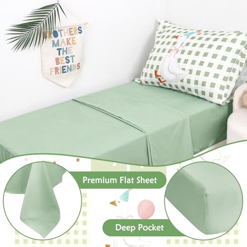 Image of Toddler Bedding Set for Boys Girls 4 Pieces Green Goose, Soft Breathable Toddler Comforter Set, Checkerboard Print, Includes Reversible Comforter, Fitted Sheet and Flat Sheet, Pillowcase