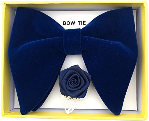 Justar Mens Pre-Tied Oversized Velvet Bow Tie With Flower Lapel Pin Brooch For Suit Wedding Tuxedo Bowtie Set (Navy Blue) #TOP1