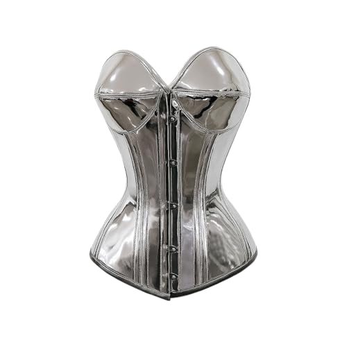 HKP CRATIVE Women’s Overbust PVC Corset Gothic Waist Trainer Cincher Bustier for Halloween, Clubwear, Cosplay & Costume Party (US, Alpha, Small, Regular, Regular, Silver)