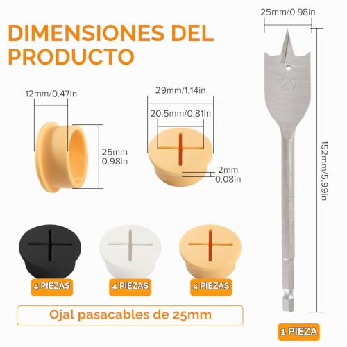Miniatura 2 de Lyeteung 12 Piezas 25mm Pasacables Escritorio, Pasacables De Silicona Flexible, Ojales De Escritorio, Tapa Pasacables Mesa Oficina, Con Taladro, Para Oficina, Muebles, Negro Blanco Amarillo