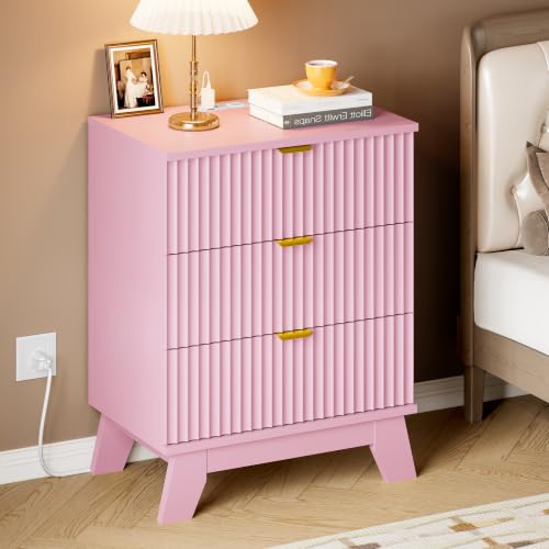 Image of BORNOON 30.5 inch Nightstand with Charging Station, 3-Drawer Fluted Bedroom Chest, Wood Bedside Dresser with Power Outlets and USB Ports, Metal Slides, Stable Base, Modern Storage Cabinet for Small Spaces