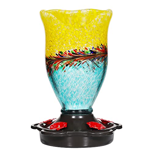 LUJII Hummingbird Feeders for Outdoors with Ant Proof, Handmade Blown Glass Hummingbird Feeder for Outside with S Hook, 25 fl.oz, Leak Proof, Multiple Functions Vase or Garden Decor, Blue Mixed Yellow