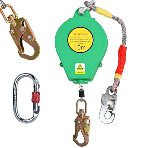 VFDZ Dispositif Anti Chute Retractable, Stop Chute à Rappel Automatique 10m, 150kg Kit Harnais Anti Chute avec Certifié CE pour Toiture, Crochet Pivotant Amélioré - Mousqueton(Vert,10m)