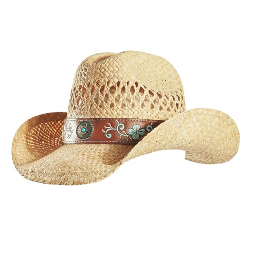 Image of Straw Cowboy Cowgirl Hats for Women Men Summer Beach Sun Hat Panama Woven Straw Hat Wide Brim Western Cowboy Hat, Medium, Natural - Embroidered Belt