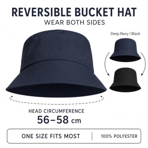 YESAH Bob Bleu Marine, Chapeau Noir Réversible en Polyester 56-58cm Unisexe – vue 2
