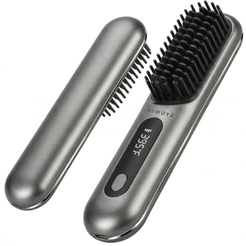 NUMOYA Go Brush Pro Portable Cordless Hair Straightener Brushs for Travel with 30s Fast Heat 3 Temperature Settings (Gray)