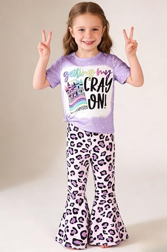 Image of Ayzozuy Kids Toddler Girl Clothes Letter Print Graphic Top + Leopard Print Flare Leg Pants 2PC Summer Clothing Set