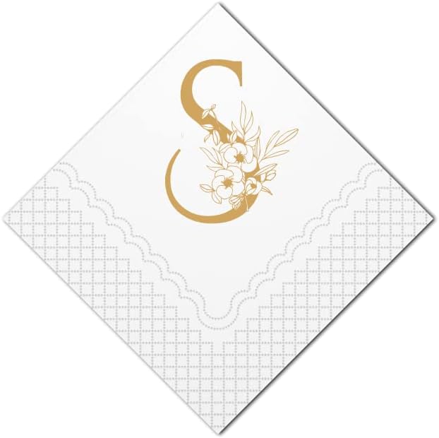 SharkBliss Servilletas de cóctel con monograma, paquete de 50 servilletas de papel desechables con monograma personalizado de letra S dorada para
