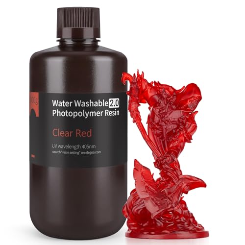 ELEGOO Upgraded Water Washable 3D Printer Resin 2.0, 405nm UV-Curing 3D Resin with Lower Shrinkage and Higher Precision for LCD 3D Printing Clear Red 1000g