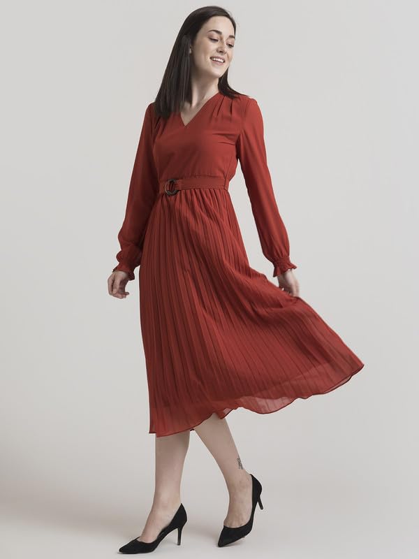 Image of FableStreet Women's Polyester Peter Pan Collar Pleated A Line Midi Dress |Women Formal Dress Smooth Fabric with Belted Waist & Front Slit for Office & Business Events