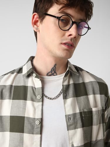 Image of VASTRADO Mens Olive Checked Shirt Cotton, Breathable Fabric | Full Sleeve, Collar Neckline, Short Length | Casual Wear, Timeless Style