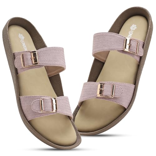 Image of Women Denim Double Strap Buckle Slides | Comfortable Casual Flat Slippers for Women | Lightweight Open Toe Slip-On Sandals Everyday Wear