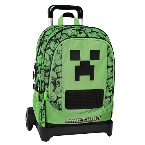 MINECRAFT - Zaino Scuola Trolley Ufficiale Minecraft, Maniglia Regolabile, Trolley Staccabile, Spallacci Imbottiti e Regolabili, 2 Scomparti Principali, Tasche Frontali con Zip, 34x52Hx22 cm, Verde