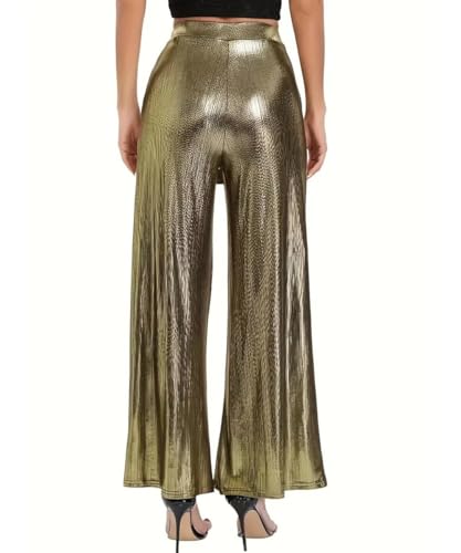 Aelidiya Women's Shiny Wide Leg Pants Party Nightout High Elastic Waist Trouser Outfit Clubwear2