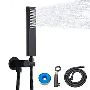 Backnets Solid Brass High Pressure Hand Held Shower Wand Arc Design Square Head with Adjustable Supply Elbow Wall Connector Shower Holder and Hose Set(Matte Black)