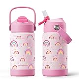 Mommore Kids Insulated Water Bottle with Soft Rubber Handle, 12oz Stainless Steel Thermos with Straw Lid, Leak Proof, Easy to Clean Design, Vacuum Small Canteen for School Boys Girls, Rainbow-1 Pc