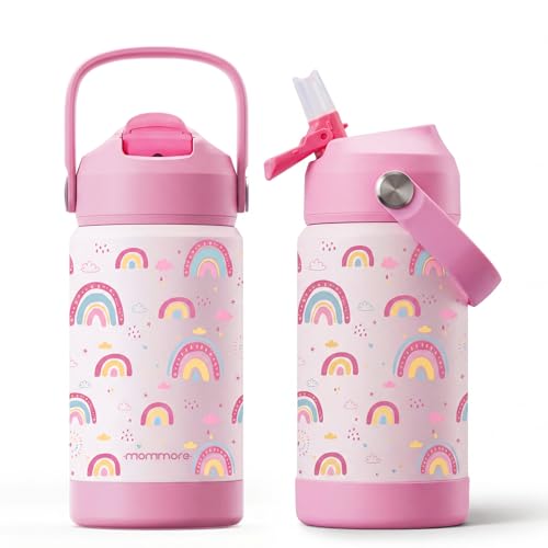 Mommore Kids Insulated Water Bottle with Soft Rubber Handle 12oz Stainless Steel Thermos with Straw Lid Leak Proof Easy to Clean Design Vacuum Small Canteen for School Boys Girls Rainbow-1 Pc