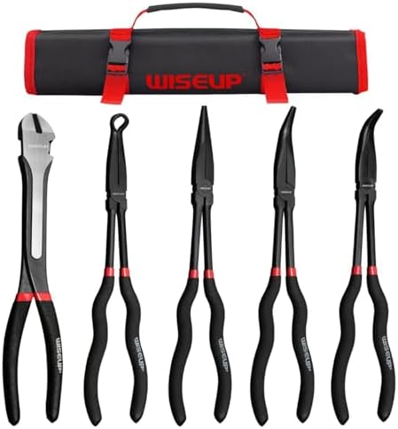 WISEUP 5 Piece Long Nose Pliers Set, Premium Carbon Steel, 11 Inch Long Reach, Straight, 45° Bent Nose, 90° Bent Long Nose Pliers, Side Cutters for Tight Spaces
