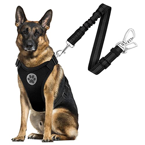 SlowTon Dog Seat Belt Harness for Car, Dog Car Harness Adjustable Mesh Breathable & Dog Seatbelt Safety Tether with Elastic Bungee for Small Medium Large Pets(Black, Double Clip, L)