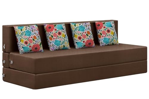 Image of Rosebell 4 Seater Sofa Cum Bed, Foldable Sofa Bed 6 X 6 Feet, Jute Fabric- Washable Cover- with 4 Cushion Perfect for Home & Office - Brown-Color