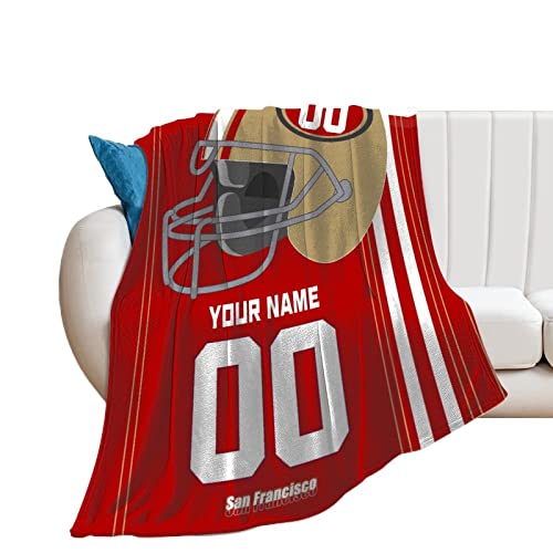 San Francisco Custom Football Blanket with Name Number, DIY Football Blanket Personalized Flannel Throw Blankets for Birthday Christmas Football Sports Fan Gifts
