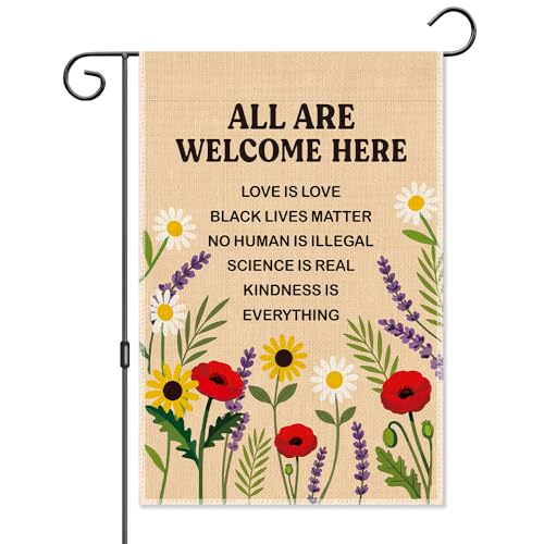 UAKXOIF All Are Welcome Here Garden Flag, Double-Sided Floral Protect Immigrants Flag for Outdoor, Farmhouse be Kind Inclusive Yard Decor, Equality Housewarming Gifts for BLM LGBTQ Liberal Leftist