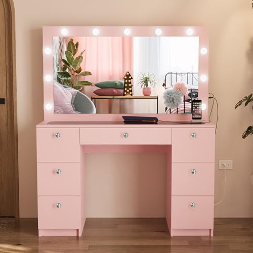 Boahaus Yara Large Makeup Vanity Desk with Mirror, Hollywood Lights, 7 Drawers, USB Type-C & Type-A Ports, 110V Power Outlet, Hair Dryer Hanger, Glass Top, and Crystal Knobs â€“ Premium Pink Finish