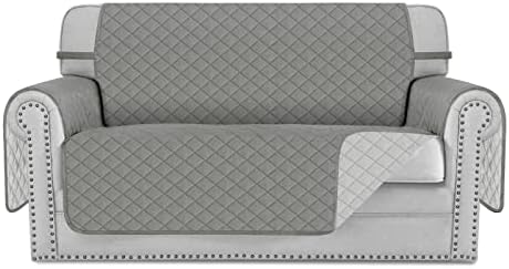 Deeky Sofa Cover, Washable Couch Covers for Dogs, Pet Couch Cover Protector, Reversible Quilted and Water Resistant Furniture Covers with Foam Sticks and Elastic Straps, Loveseat, Gray/Light Gray
