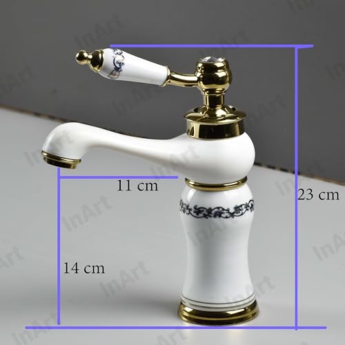 Image of InArt White Gold Glossy Finish Basin Pillar Cock Tap Faucet for Wash Basin, Hot & Cold Water Mixer, Single Handle, Waterfall Design, Table Mount /Deck Mount (Gold White)