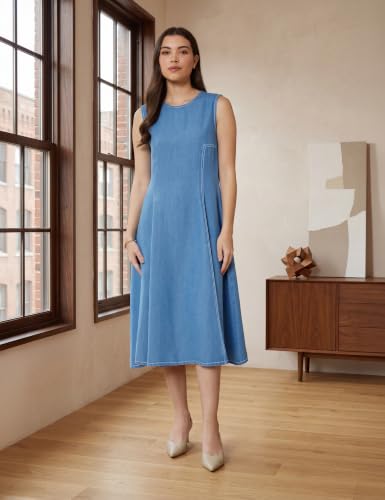 Image of Amazon Brand - Symbol Women's Cotton Tencel Denim A-Line Dress | Sleeveless, Round Neck, Midi Length, Back Zip (Available in Plus Sizes)