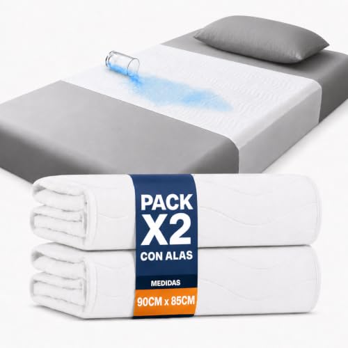 Pack de 2 Empapadores Cama Adultos Lavables con Alas 50cm - 90x85cm- Impermeable, Absorbente - Ideal para Adultos, Niños y Mayores, para Camas 90cm