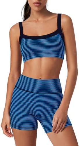 SENSERISE Womens Striped Workout Sets 2 Piece(Navy Blue,S)