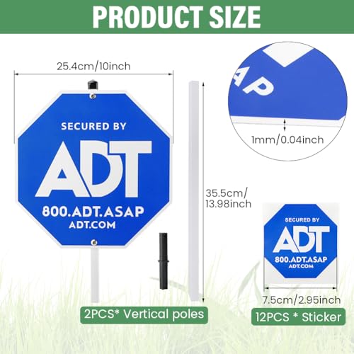 A-D-T Security Sign, Heavy Duty 28\" Yard Sign with Aluminum Stake & 12pcs A-D-T Window Stickers(COLOR:blue)