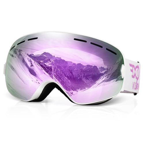 EXP VISION Snowboard Ski Goggles Men Women Youth, Anti Fog OTG Winter Snow Goggles Spherical Detachable Lens (Cherry)