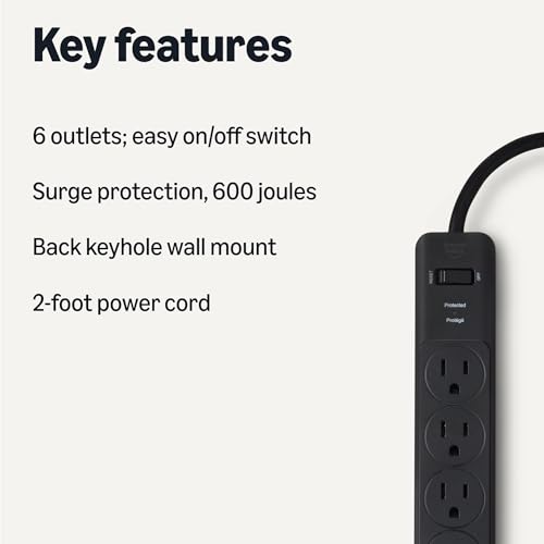 Image of Amazon Basics Rectangle 6-Outlet Surge Protector Power Strip with Circuit Breaker, 600 Joule, 2ft Cord, Black, 2-Pack